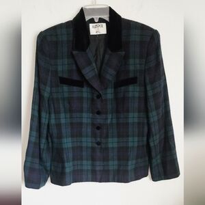 Kasper for ASL 2 Pc Suit Green & Black Plaid Velvet Trim Sz 10